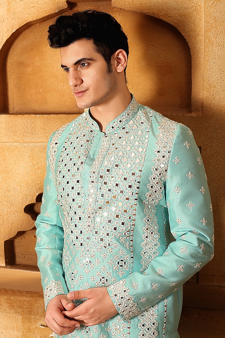 Blue Silk Mirror Embroidered Kurta Set by LA ADORE BY BHAVIK J BAFNA at Pernia's Pop Up Shop