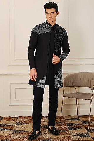 Black Terry Cotton Metallic Embroidered Indo-Western Jacket Set by LA ADORE BY BHAVIK J BAFNA
