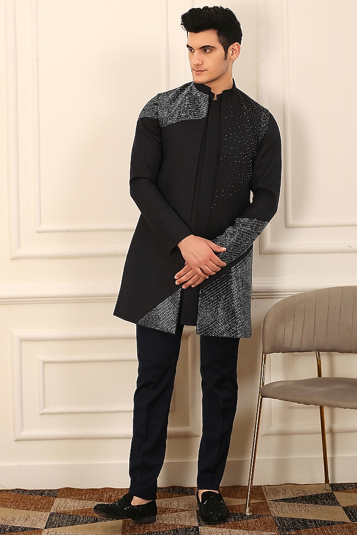 Black Terry Cotton Metallic Embroidered Indo-Western Jacket Set by LA ADORE BY BHAVIK J BAFNA at Pernia's Pop Up Shop