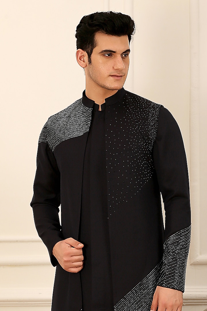 Black Terry Cotton Metallic Embroidered Indo-Western Jacket Set by LA ADORE BY BHAVIK J BAFNA at Pernia's Pop Up Shop