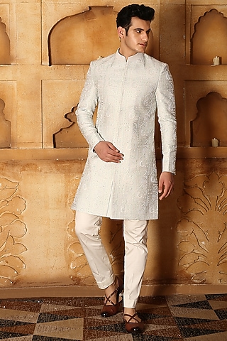 Ivory Satin Sequins Hand Embroidered Sherwani Set by LA ADORE BY BHAVIK J BAFNA