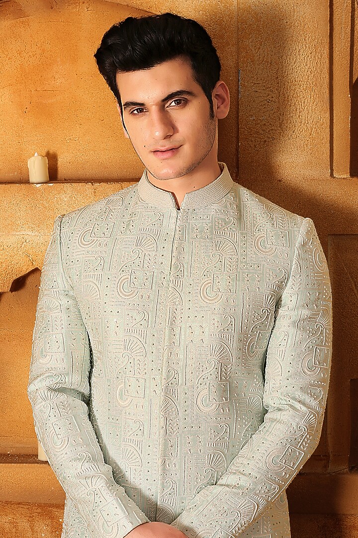 Ivory Satin Sequins Hand Embroidered Wedding Sherwani Set by LA ADORE BY BHAVIK J BAFNA at Pernia's Pop Up Shop