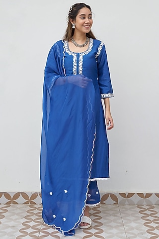 Royal Blue Chanderi Embroidered Kurta Set by Alokik by Divya