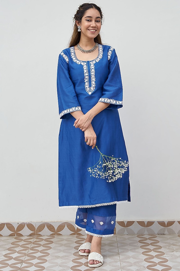Royal Blue Chanderi Embroidered Kurta Set by Alokik by Divya at Pernia's Pop Up Shop