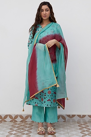 Turquoise Floral Printed Kurta Set by Alokik by Divya