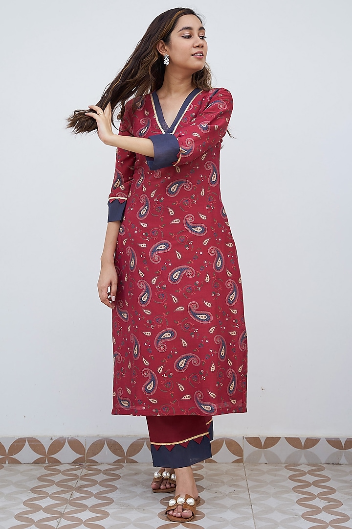 Brick Red Chanderi Printed Kurta Set by Alokik by Divya