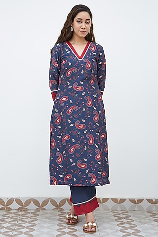 Space Blue Chanderi Printed Kurta Set by Alokik by Divya