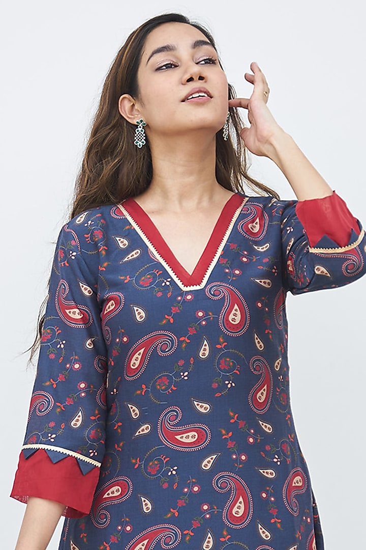 Space Blue Chanderi Printed Kurta Set by Alokik by Divya at Pernia's Pop Up Shop