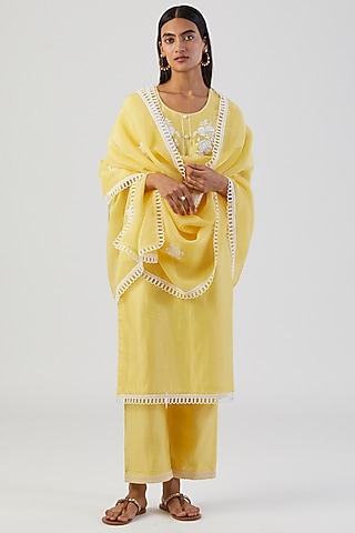 Lemon Yellow Embroidered Kurta Set by Alokik by Divya