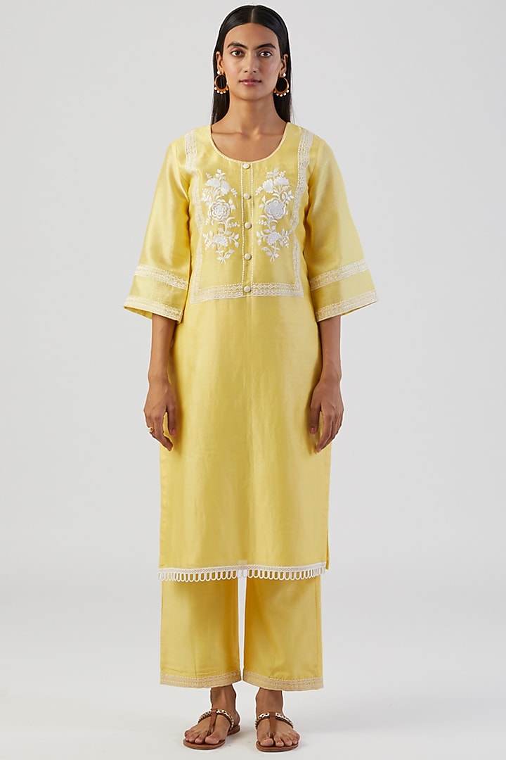 Lemon Yellow Embroidered Kurta Set by Alokik by Divya at Pernia's Pop Up Shop