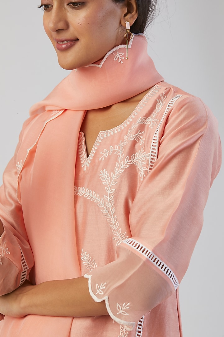 Peach Embroidered Kurta Set by Alokik by Divya at Pernia's Pop Up Shop