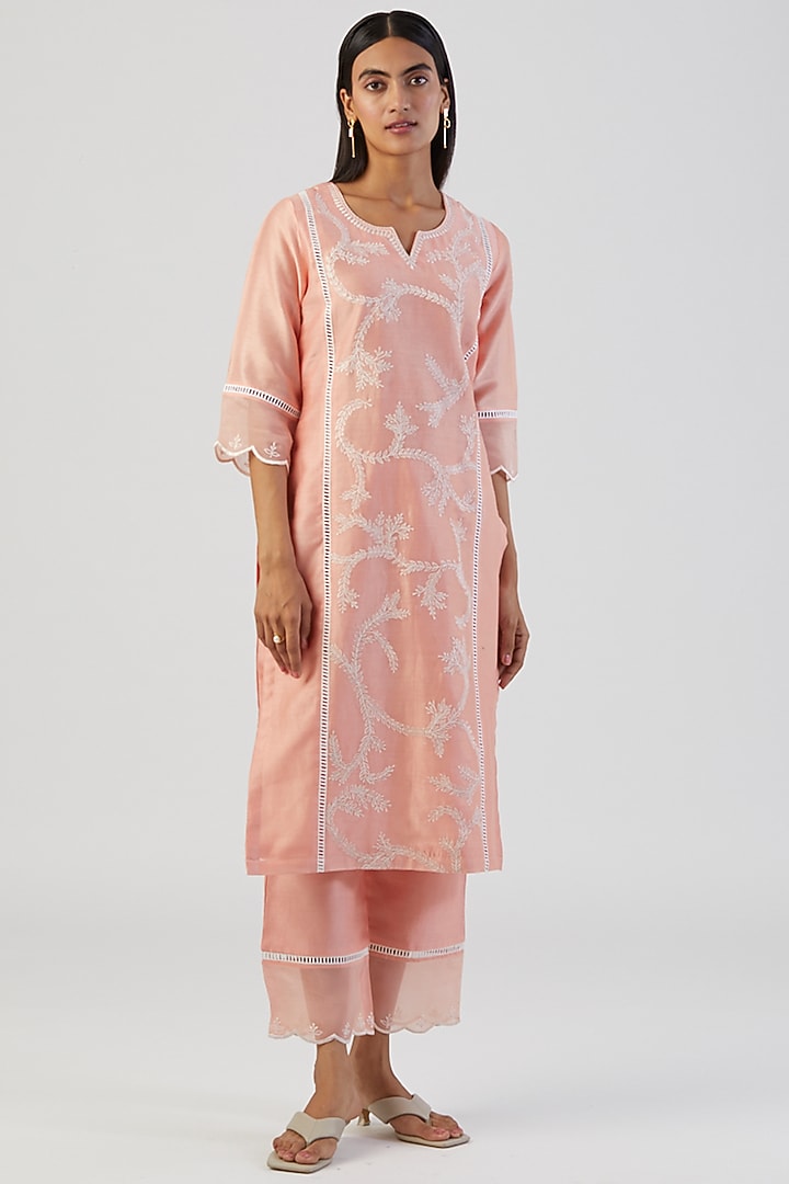 Peach Embroidered Kurta Set by Alokik by Divya at Pernia's Pop Up Shop