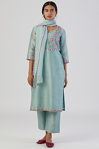 Sea Green Embroidered Kurta Set by Alokik by Divya