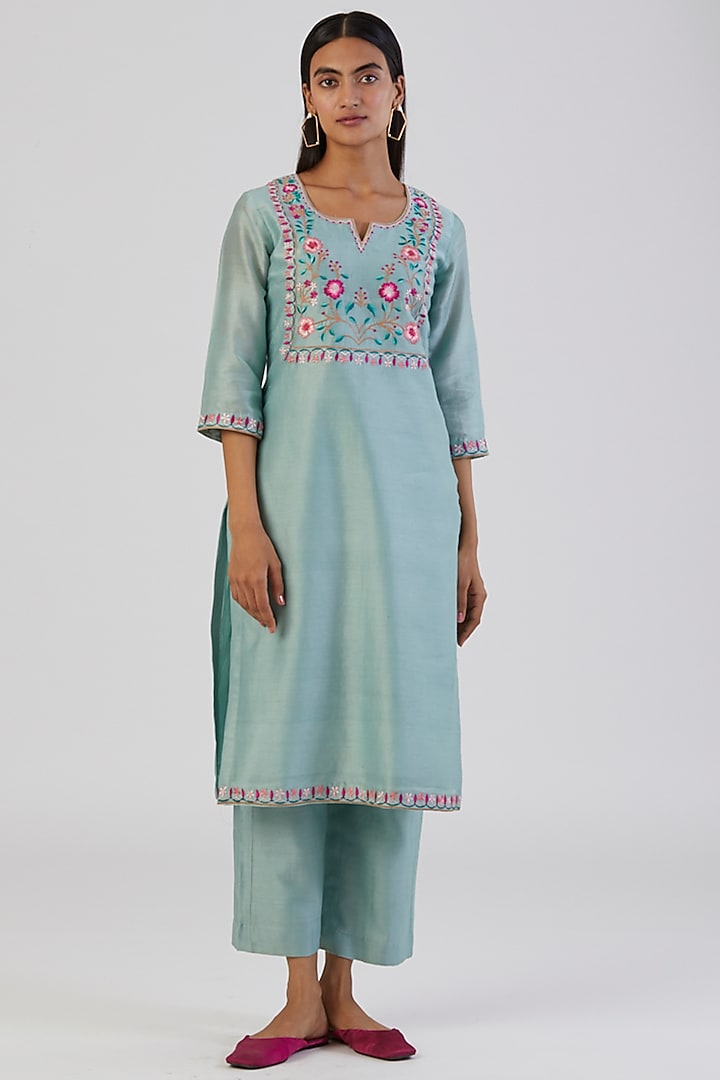 Sea Green Embroidered Kurta Set by Alokik by Divya at Pernia's Pop Up Shop