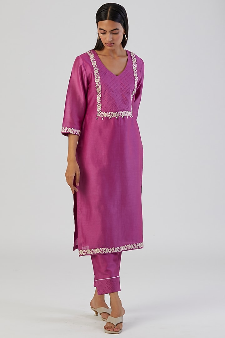 Fuchsia Pink Embroidered Kurta Set by Alokik by Divya at Pernia's Pop Up Shop