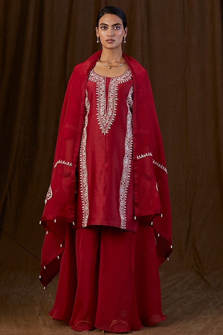 Maroon Silk Organza Sharara Set by Alokik by Divya