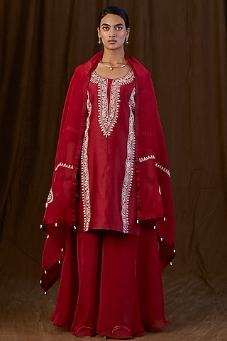 Maroon Silk Organza Sharara Set by Alokik by Divya