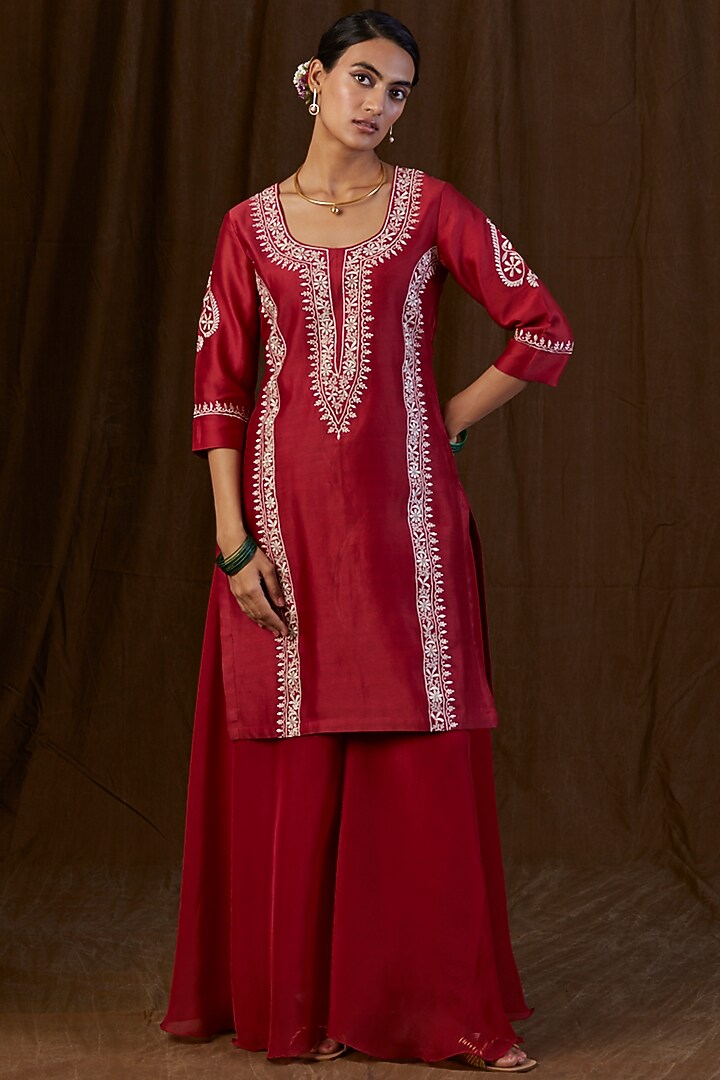 Maroon Silk Organza Sharara Set by Alokik by Divya at Pernia's Pop Up Shop