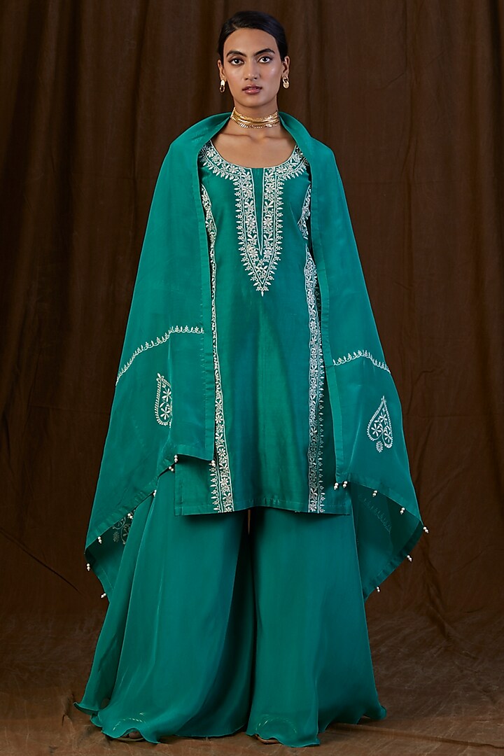 Teal Green Silk Organza Sharara Set by Alokik by Divya