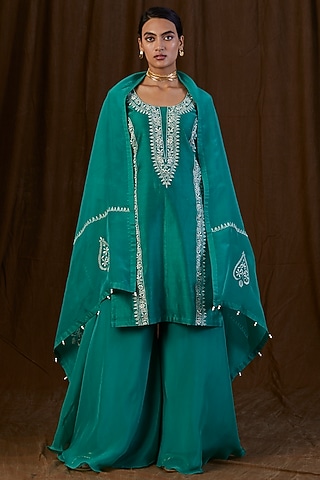 Teal Green Silk Organza Sharara Set by Alokik by Divya