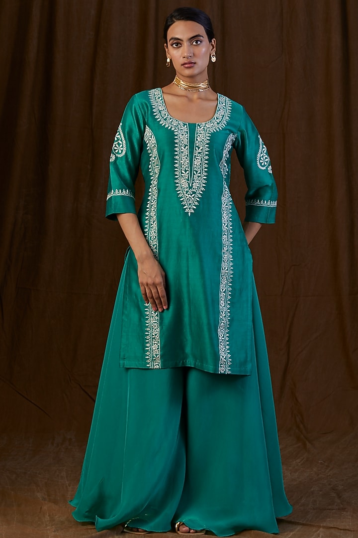 Teal Green Silk Organza Sharara Set by Alokik by Divya at Pernia's Pop Up Shop