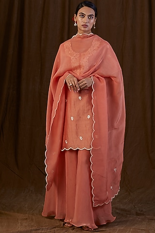 Rust Orange Silk Organza Sharara Set by Alokik by Divya