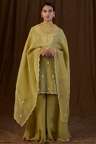 Olive Green Silk Organza Sharara Set by Alokik by Divya