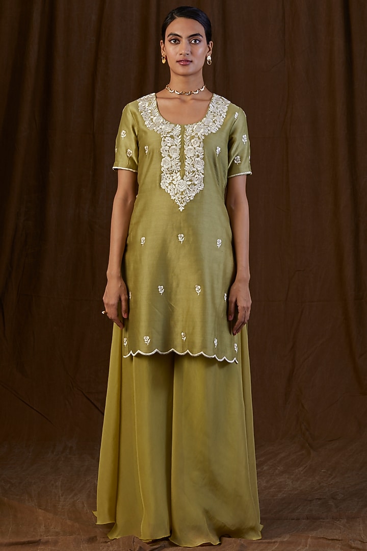 Olive Green Silk Organza Sharara Set by Alokik by Divya at Pernia's Pop Up Shop