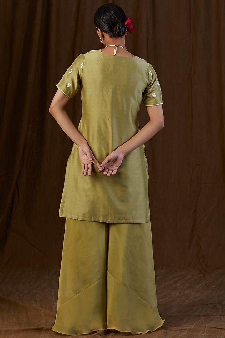 Olive Green Silk Organza Sharara Set by Alokik by Divya at Pernia's Pop Up Shop