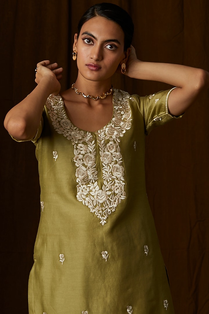 Olive Green Silk Organza Sharara Set by Alokik by Divya at Pernia's Pop Up Shop