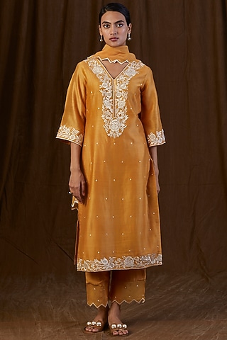 Mustard Embroidered Kurta Set by Alokik by Divya