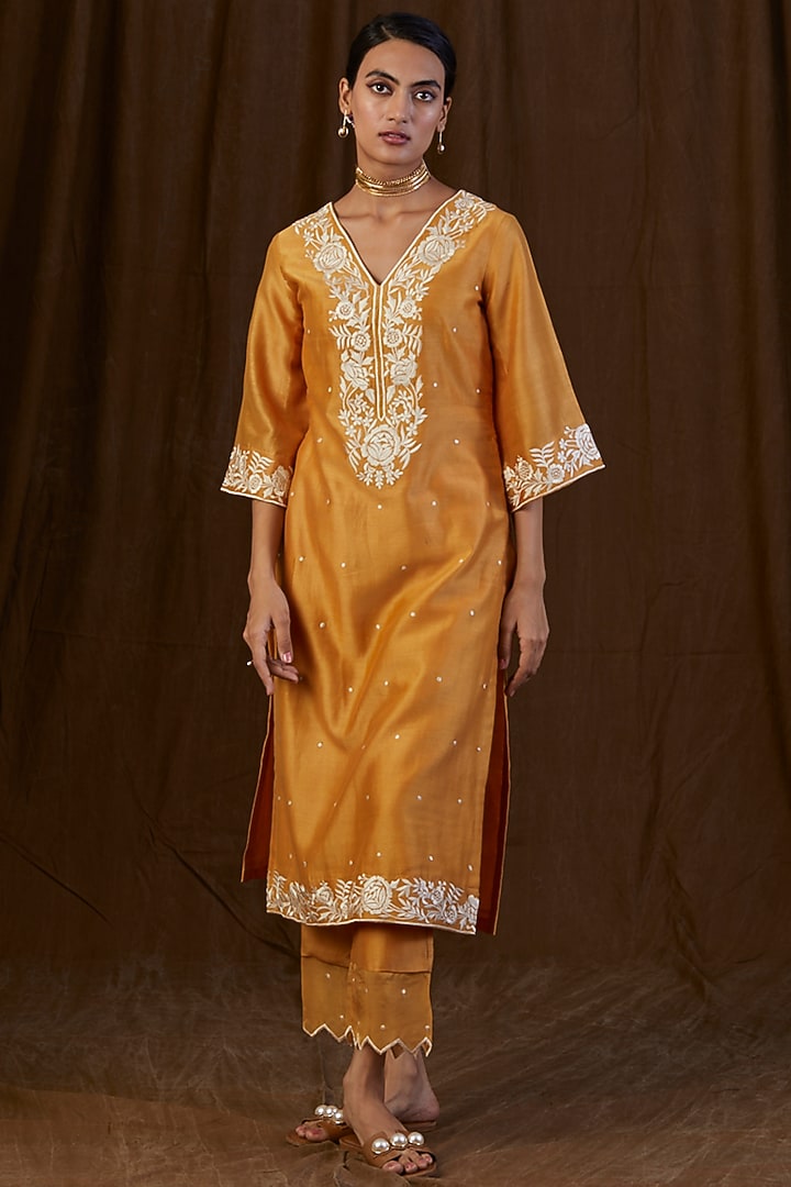 Mustard Embroidered Kurta Set by Alokik by Divya at Pernia's Pop Up Shop
