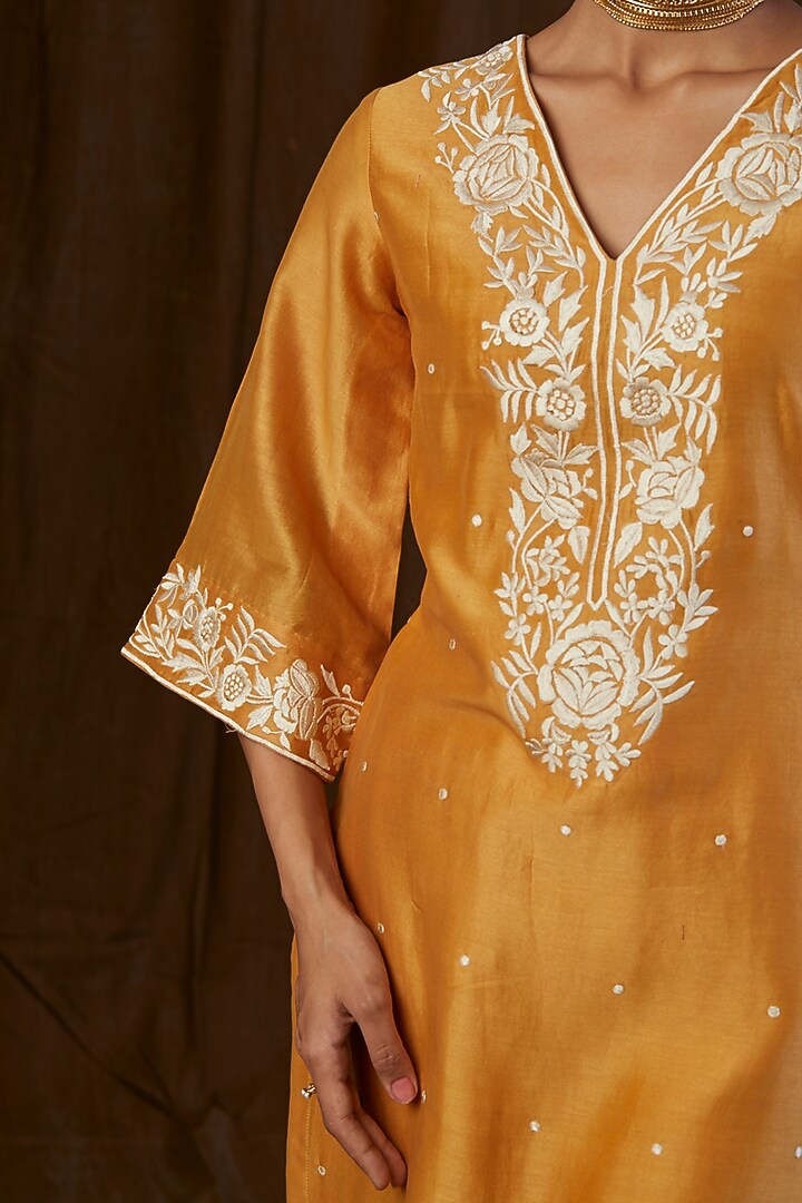 Mustard Embroidered Kurta Set by Alokik by Divya at Pernia's Pop Up Shop
