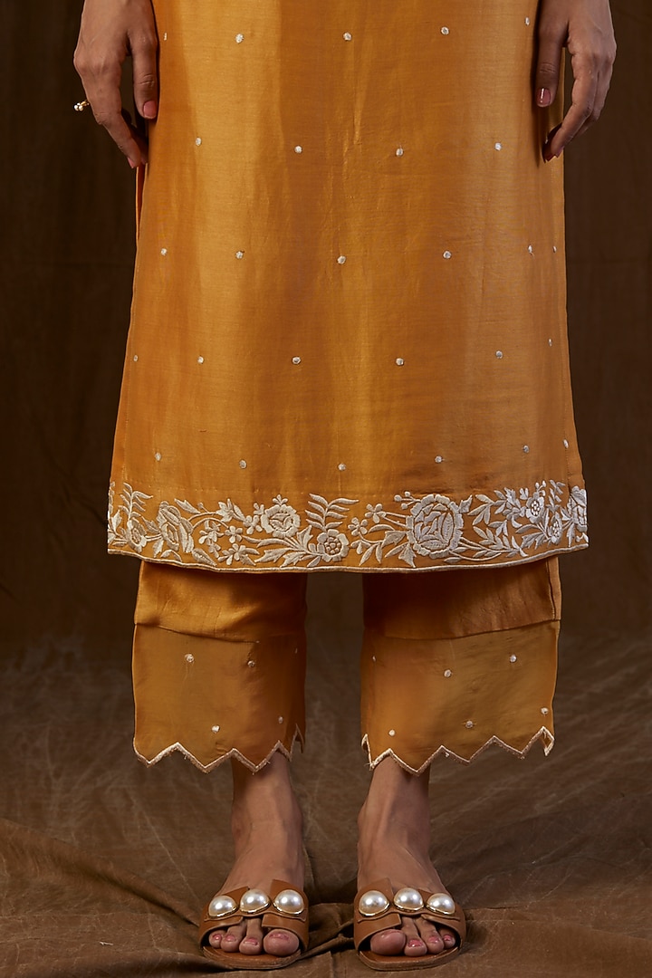 Mustard Embroidered Kurta Set by Alokik by Divya at Pernia's Pop Up Shop