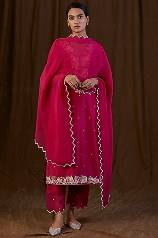Ruby Pink Embroidered Kurta Set by Alokik by Divya