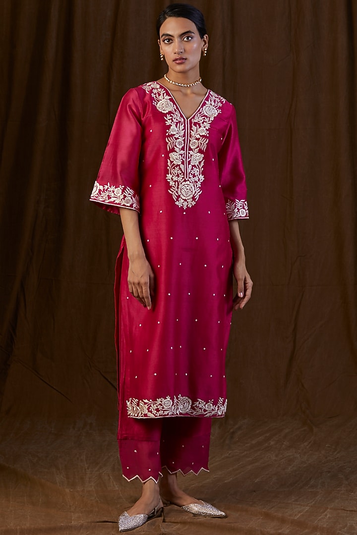Ruby Pink Embroidered Kurta Set by Alokik by Divya at Pernia's Pop Up Shop