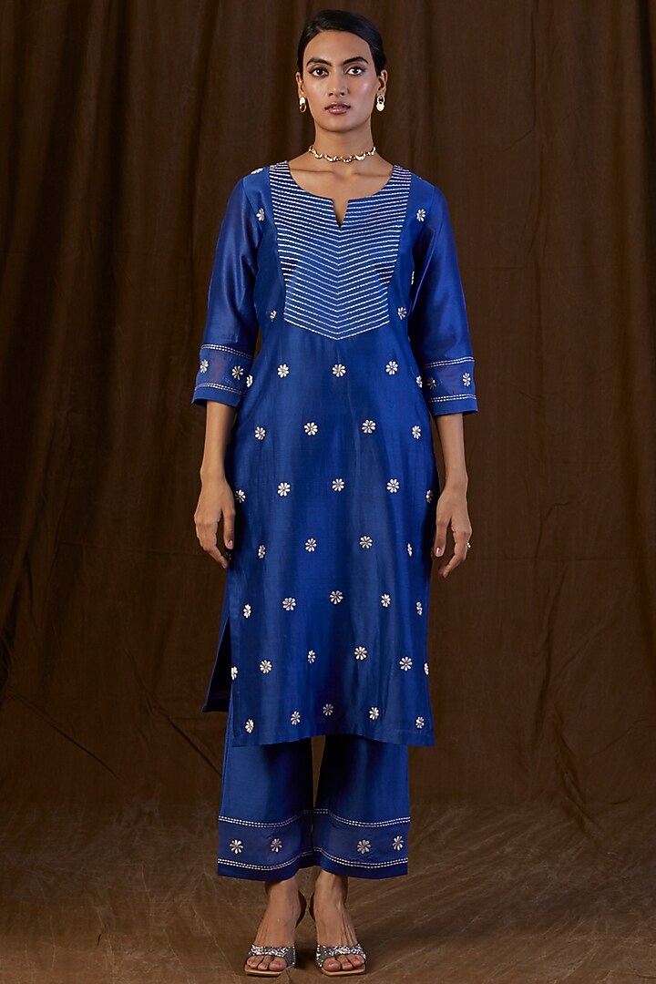 Navy Blue Embroidered Kurta Set by Alokik by Divya at Pernia's Pop Up Shop