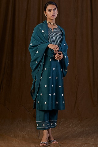 Dark Green Embroidered Kurta Set by Alokik by Divya