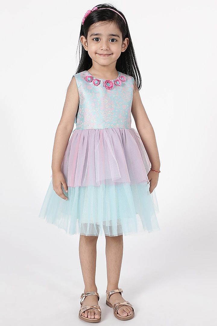 Blue Polyester & Tulle Layered Dress For Girls by A Little Fable