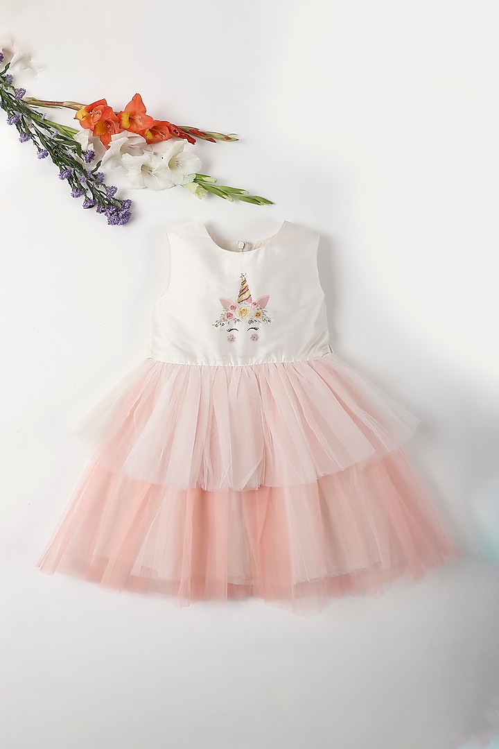 Off-White Polyester & Net Embroidered Dress For Girls by A Little Fable