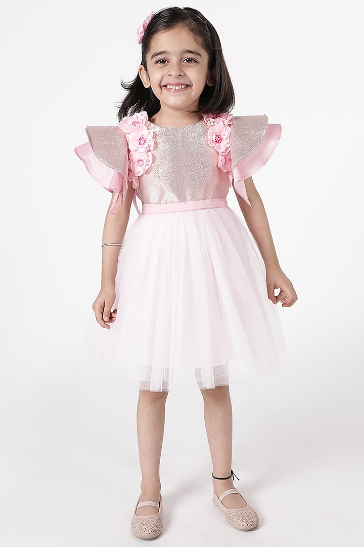 Glitter Pink Poly Lurex Embroidered Dress For Girls by A Little Fable