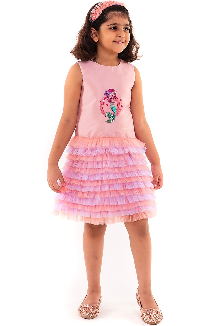 Pink Polyester Ruffle Dress For Girls by A Little Fable