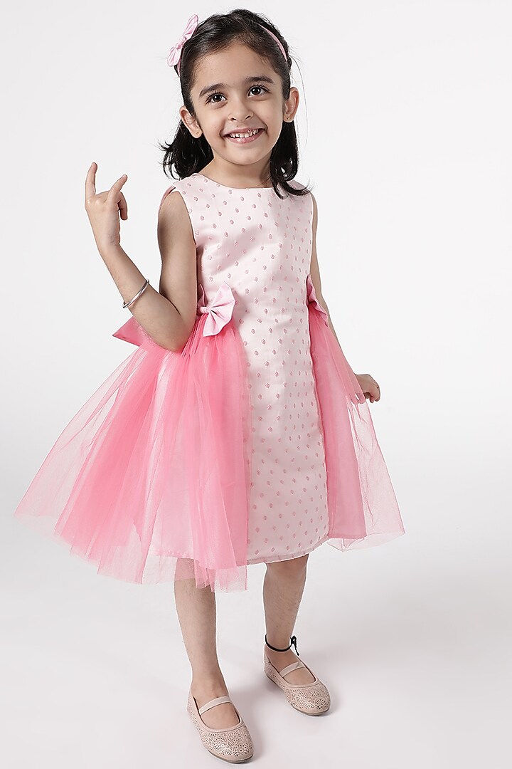 Pink Jacquard Dress For Girls by A Little Fable