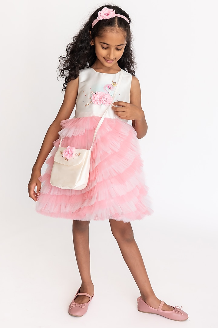 Off-White & Light Pink Soft Cotton Embroidered Dress For Girls by A Little Fable