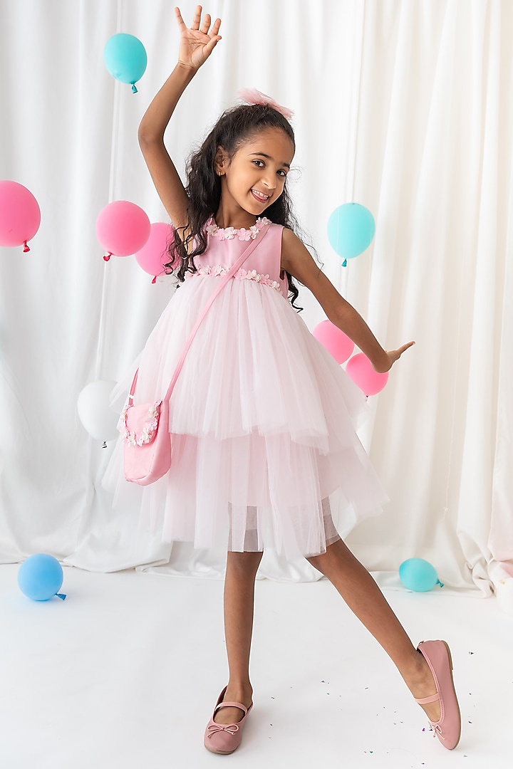 Light Pink Soft Tulle Embroidered Layered Dress For Girls by A Little Fable