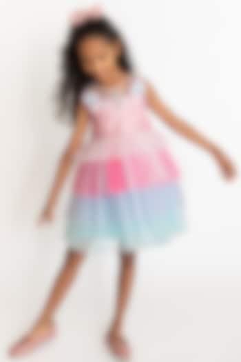 Pink & Light Blue Tulle Embroidered Layered Dress For Girls by A Little Fable