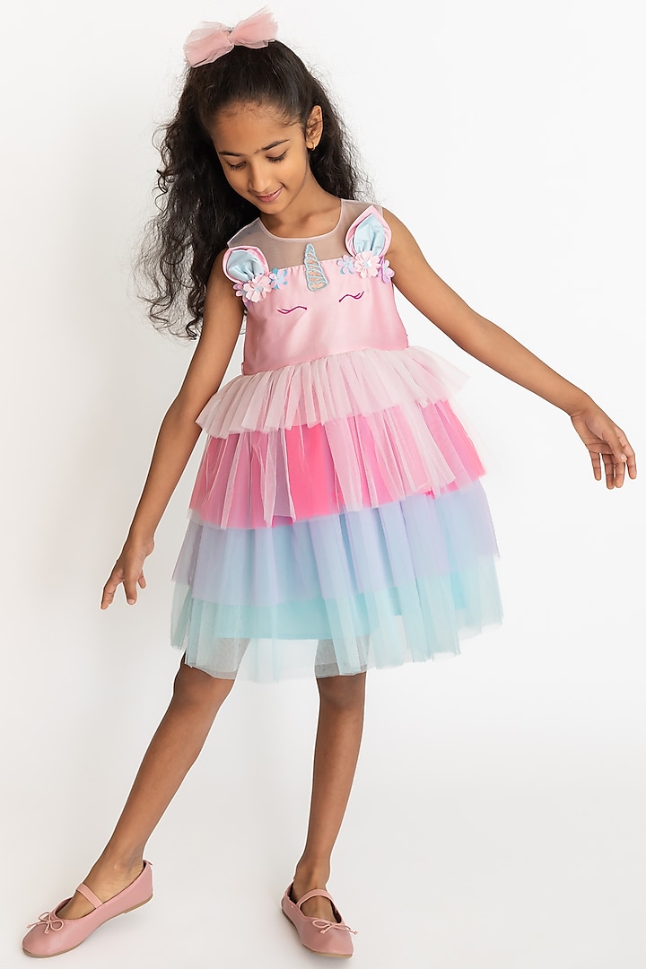 Pink & Light Blue Tulle Embroidered Layered Dress For Girls by A Little Fable