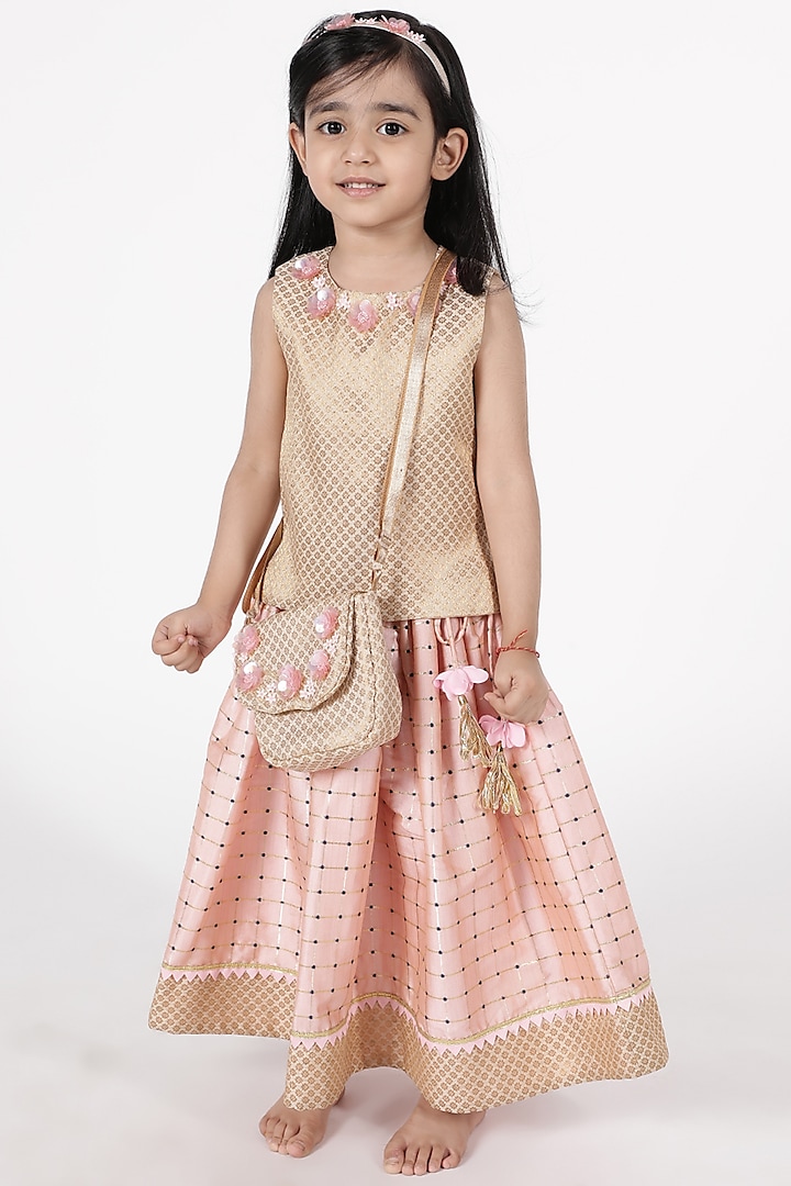 Peach Polyester Jacquard Printed Lehenga Set For Girls by A Little Fable