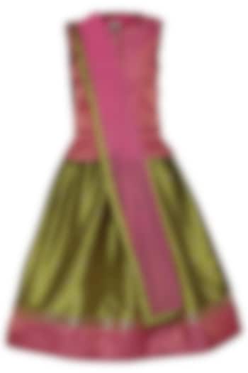 Green Polyester Jacquard Lehenga Set For Girls by A Little Fable