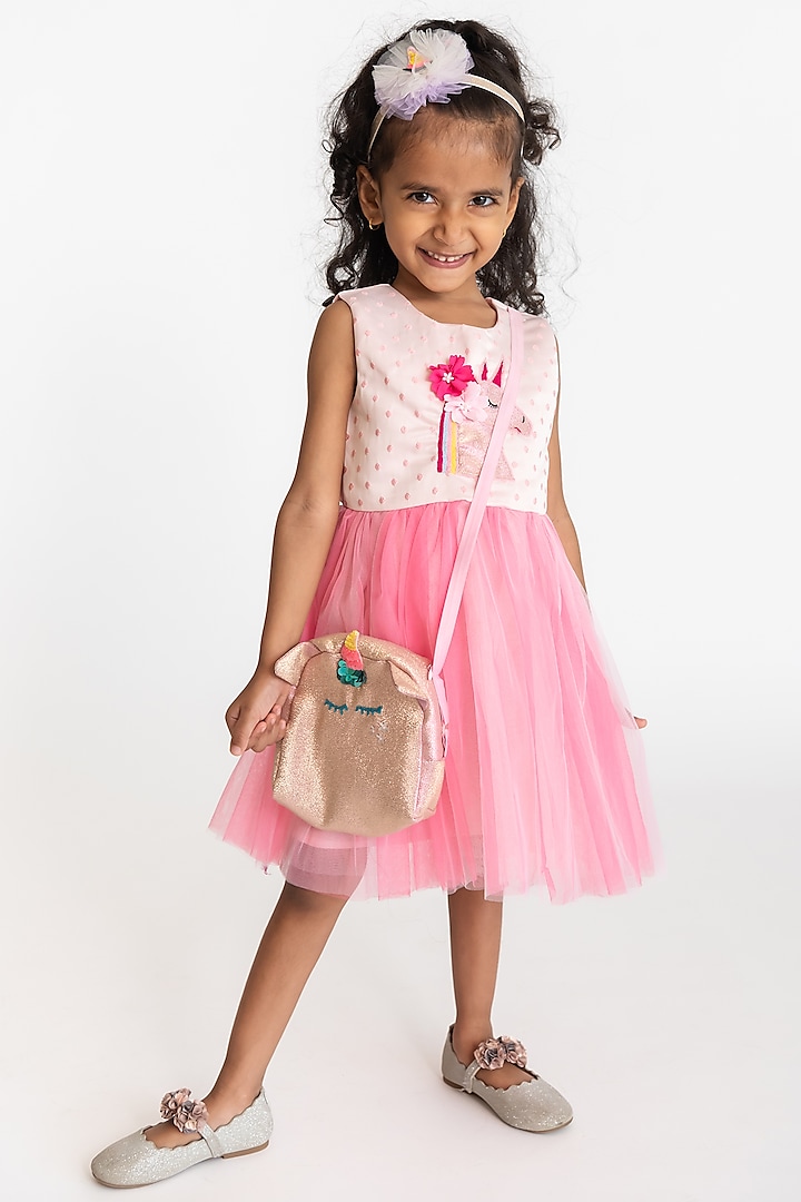 Light Pink & Dark Pink Tulle Embroidered Dress For Girls by A Little Fable